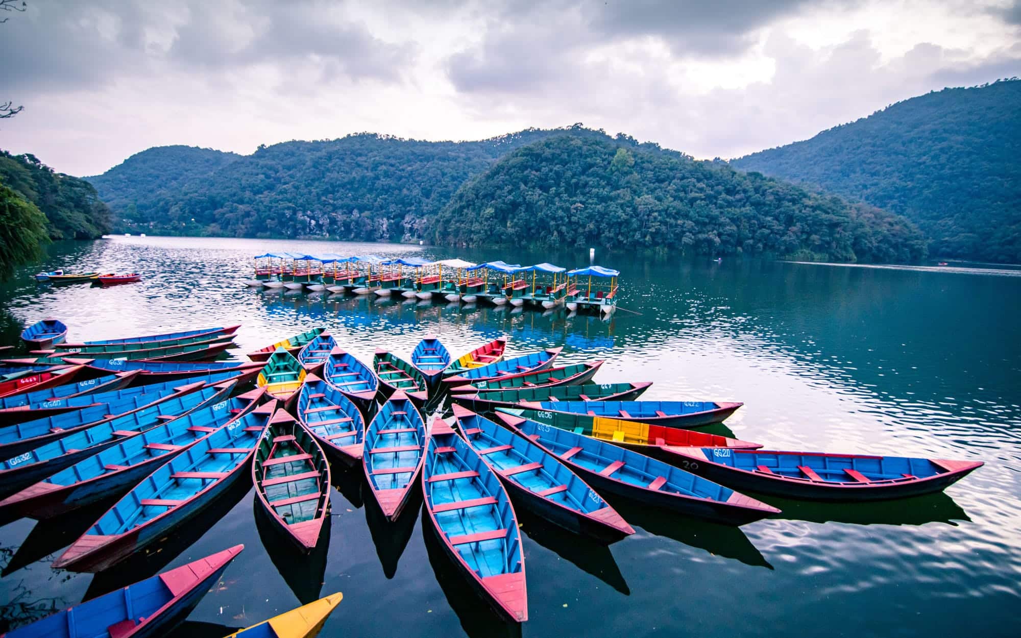 beautiful view colorful boats fewa lake pokhara nepal
