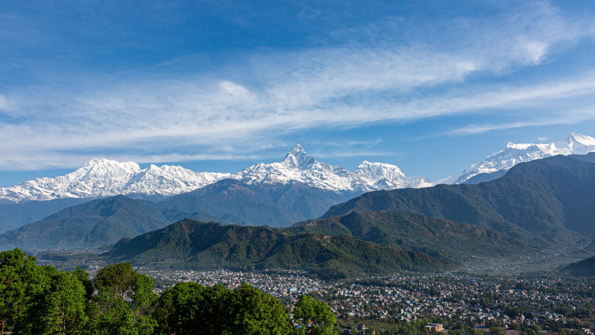 panorama view mountain range annapurna peak machhapuchare peak